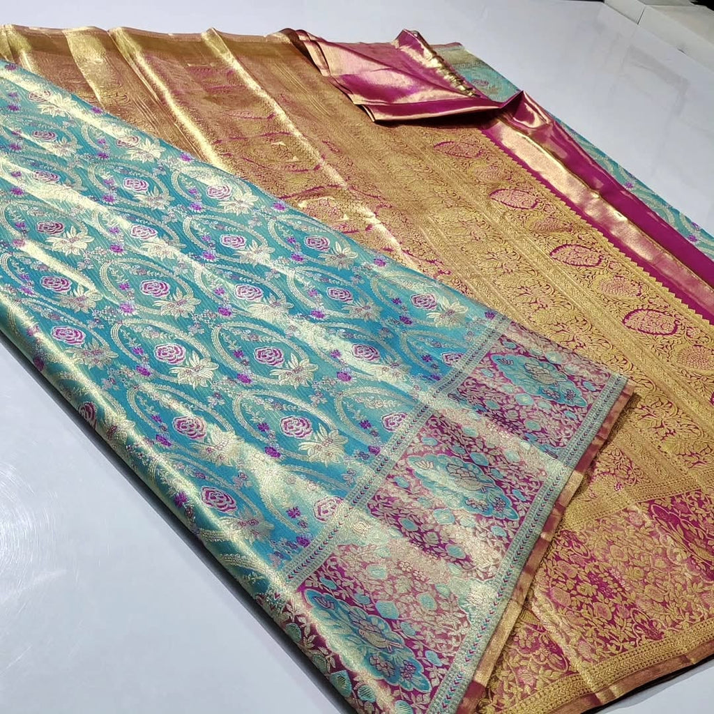 Turquoise Kanchipuram Handloom Tissue Brocade Meenakari Silk Saree