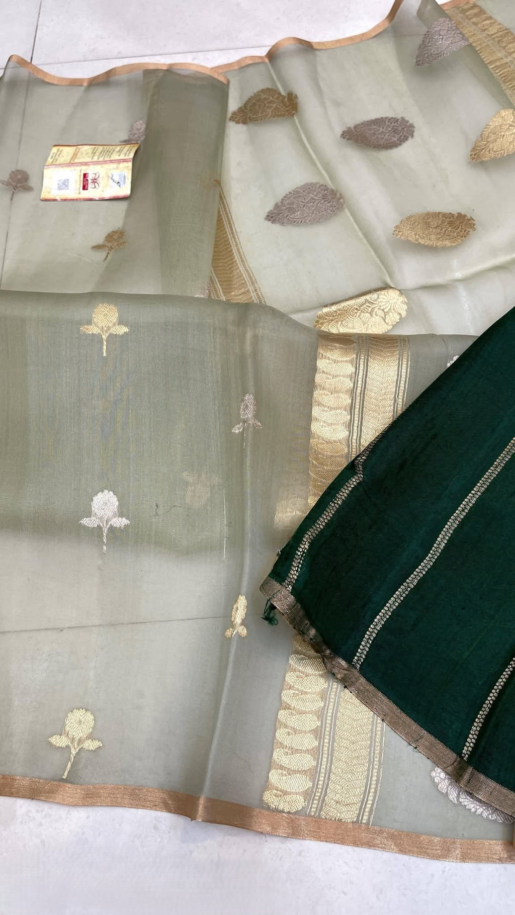 Sage Green Banarasi Handloom Kora Organza Silk Saree