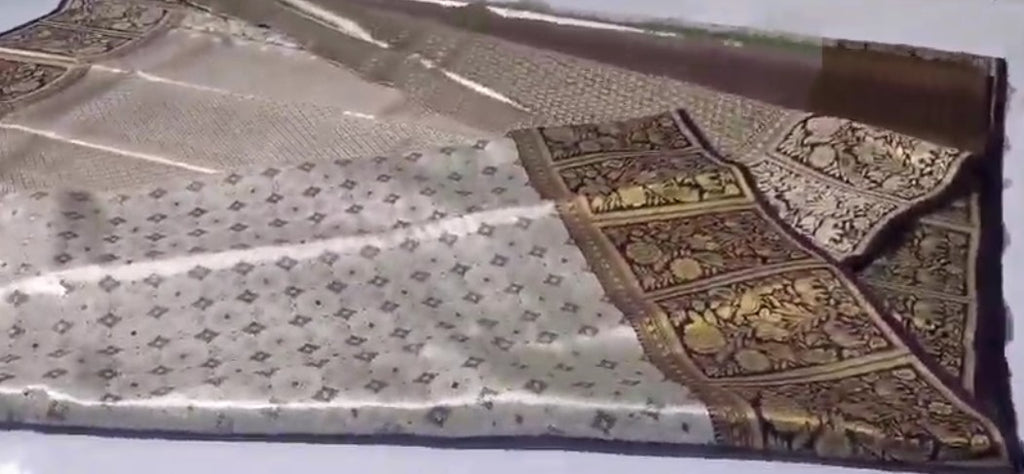 Beige Kanchipuram  Handloom Tissue Brocade Meenakari Silk Saree