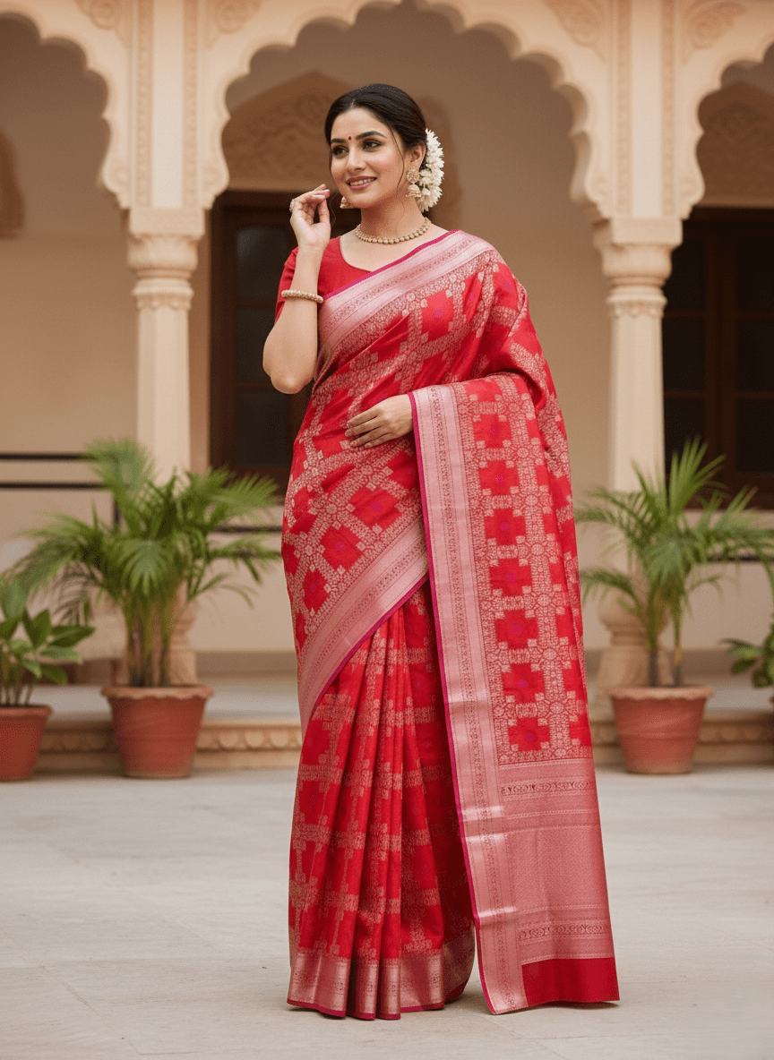 Rustic Red Chanderi Handloom Pattu Silk Meenakari Saree