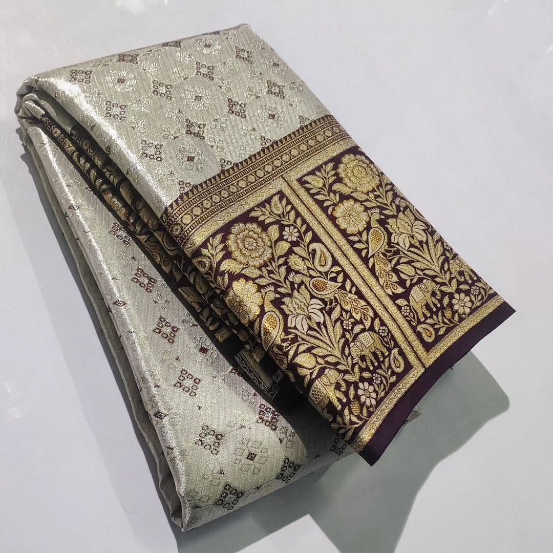 Beige Kanchipuram  Handloom Tissue Brocade Meenakari Silk Saree