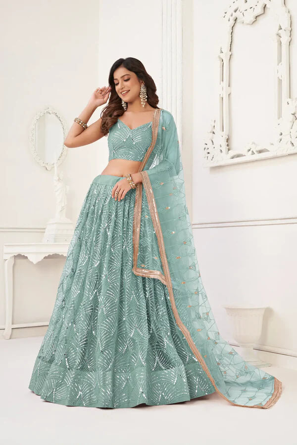 Ocean Blue Embroidered Net Lehenga Choli