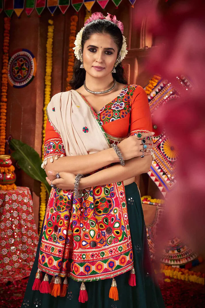 Teal Blue Navratri Lehenga with Mirror Kodi & Thread Work