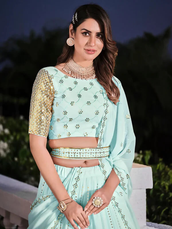 Festive Sky Blue Georgette Lehenga with Detailed Embroidery
