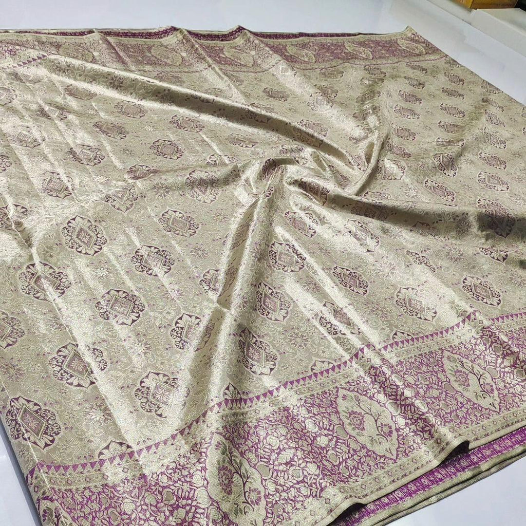 Beige Kanchipuram Handloom Tissue Brocade Silk Saree