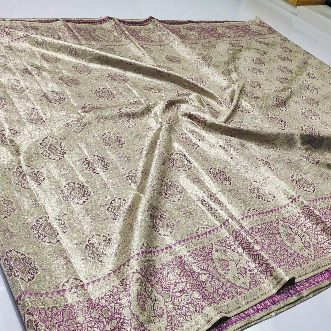Beige Kanchipuram Handloom Tissue Brocade Silk Saree