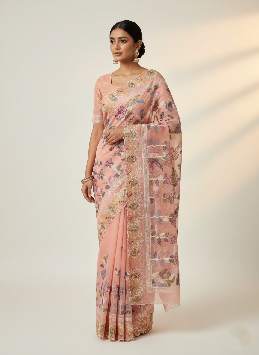 Peach Banarasi Handloom Tissue Silk Paithani Embroidery Saree