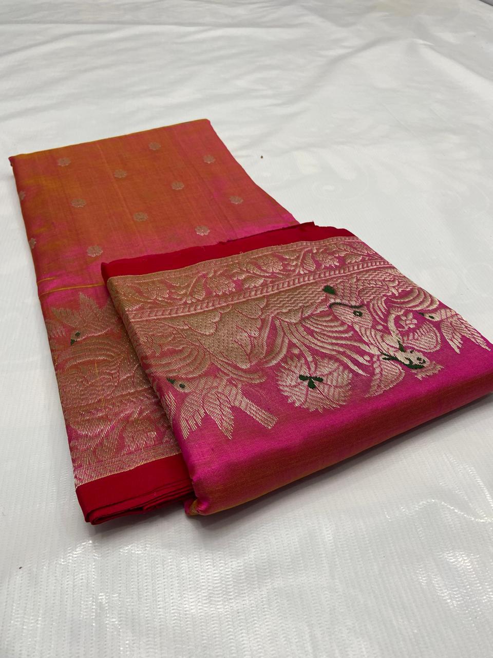 Hot Pink Chanderi Handloom Pattu Silk Meenakari Handwork Saree