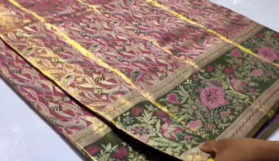 Pink Kanchipuram håndvævet vævsbrokade Meenakari silkesari