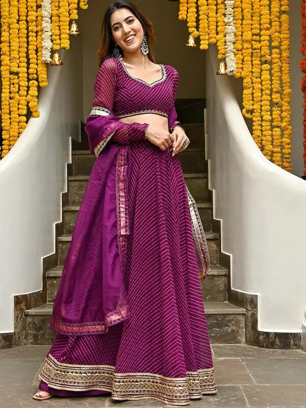 Wine Leheriya Georgette Lehenga with Zari Lace Work