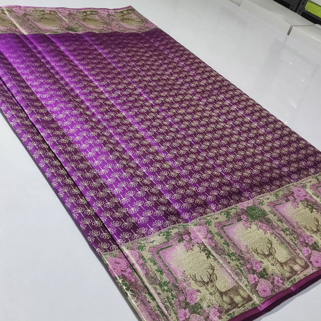 Magenta Kanchipuram Handloom Tissue Brocade Meenakari Silk Saree