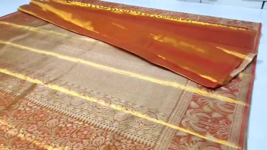 Orange Kanchipuram Handloom Tissue Brocade Silk Saree