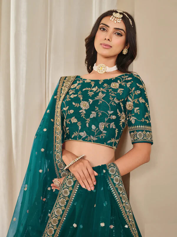 Designer Teal Green Art Silk Embroidered Lehenga