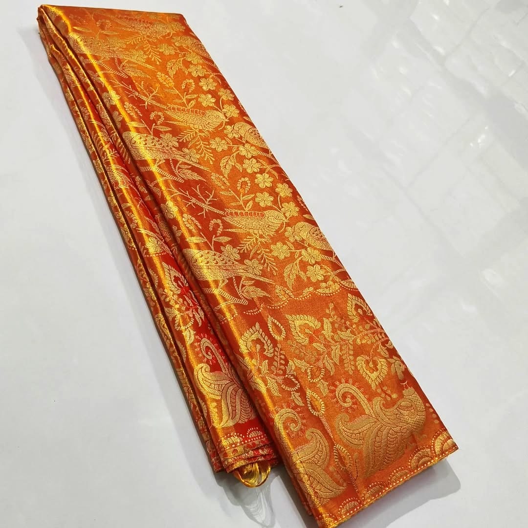 Orange Kanchipuram Handloom 2D Tissue Brocade Silk Saree