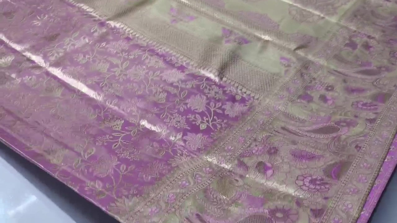 Løgrosa Kanchipuram håndvævet vævsbrokade silkesari