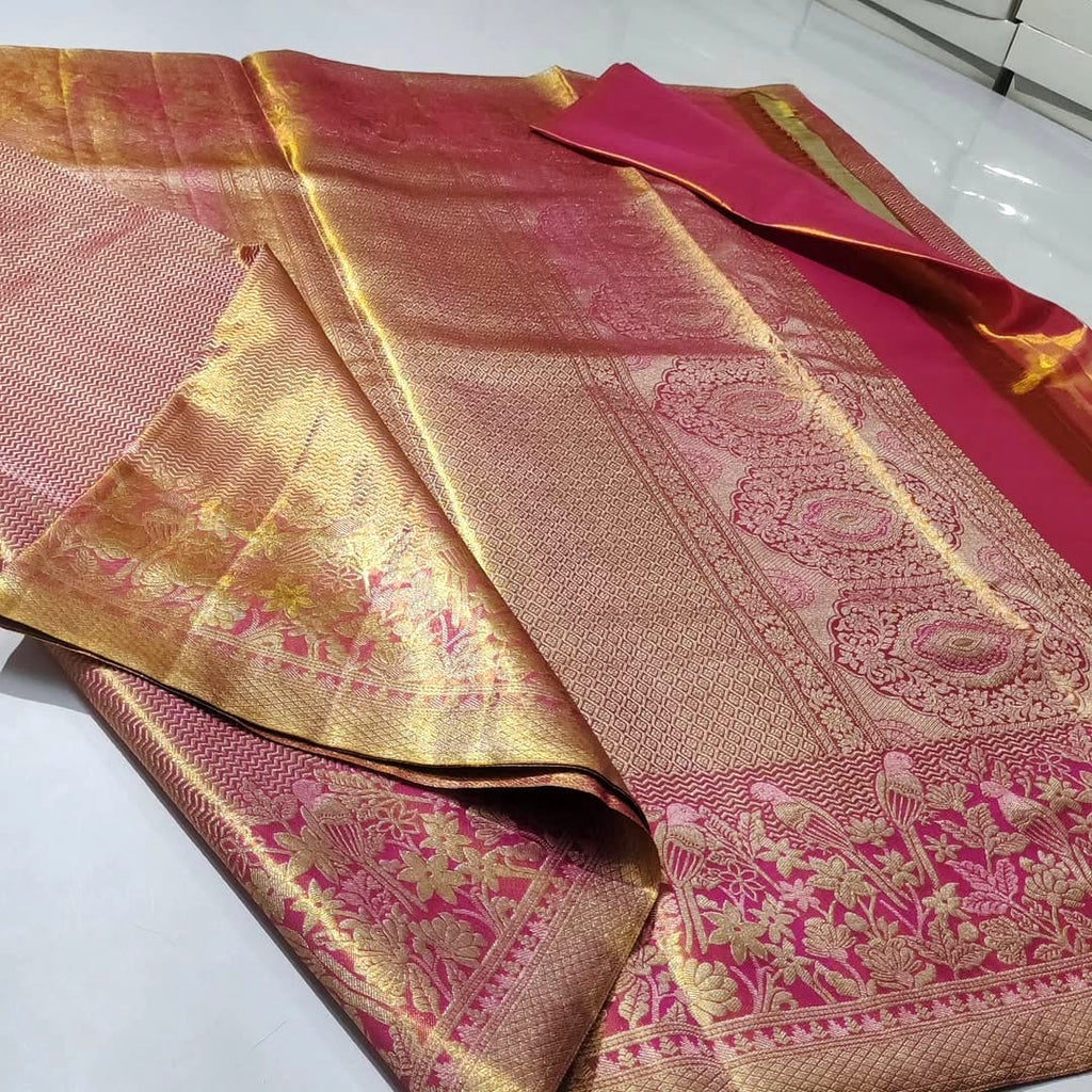 Hot Pink Kanchipuram Handloom Tissue Brocade Silk Saree