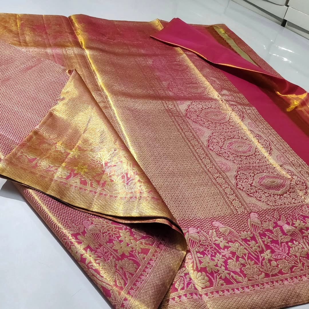 Hot Pink Kanchipuram Handloom Tissue Brocade Silk Saree