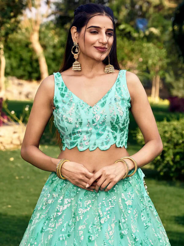 Sky Blue Soft Net Lehenga with Sequins & Thread Work