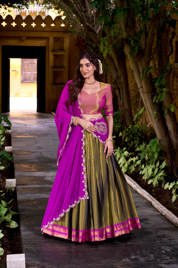 Designer Dark Olive Kanchipuram Lehenga for Weddings