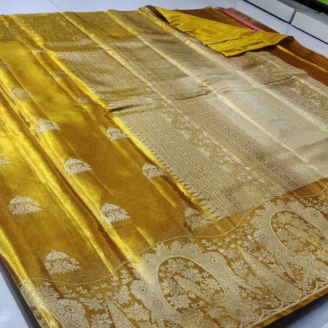 Gold Kanchipuram Handloom Tissue Brocade Silk Meenakari Saree