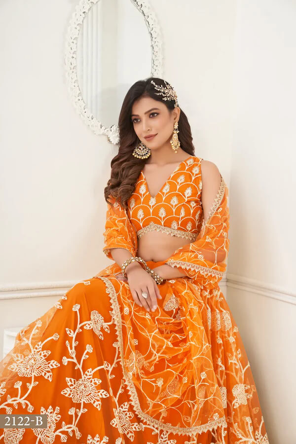 Designer Orange Cotton Thread & Zari Lehenga