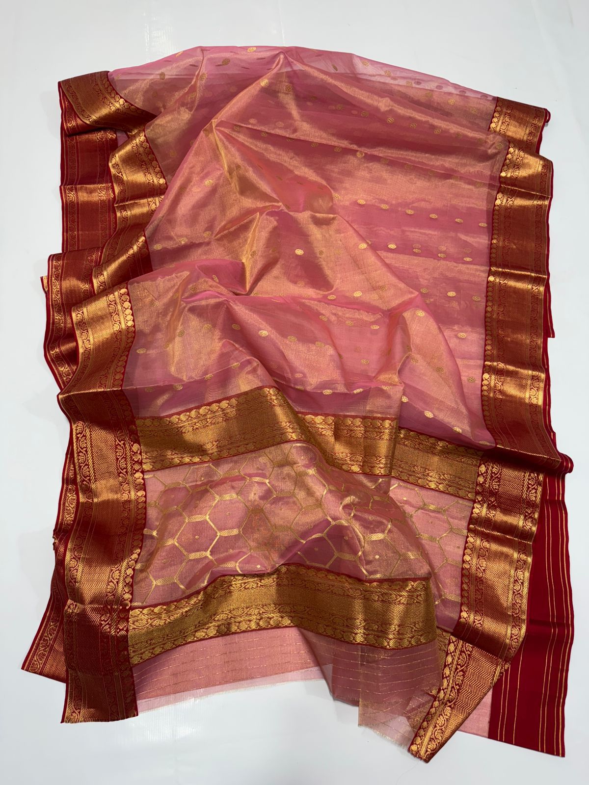 Peach Chanderi Handloom Katan Tissue Silk Saree