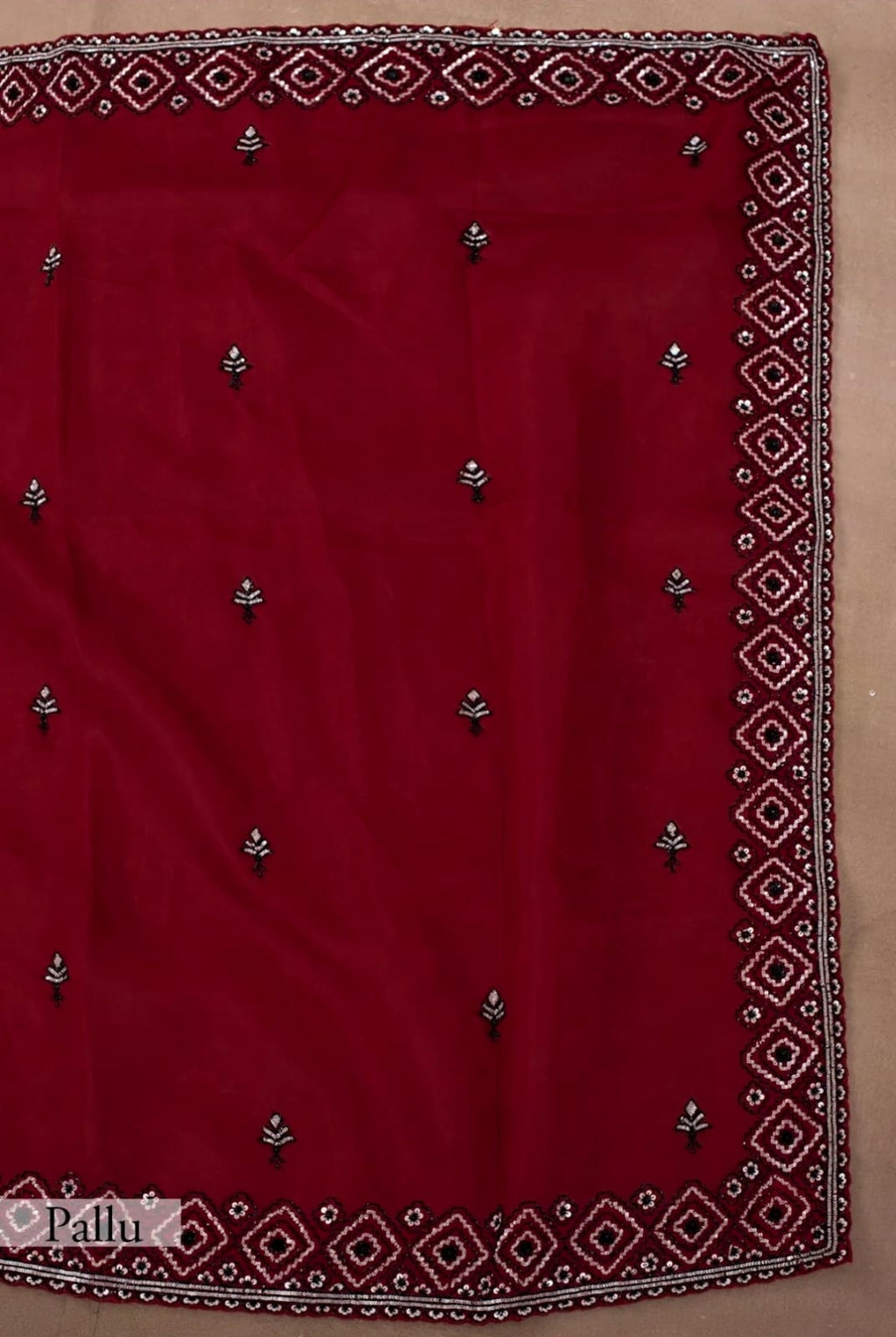 Rustic Red Hand Embroidered Organza Silk Saree