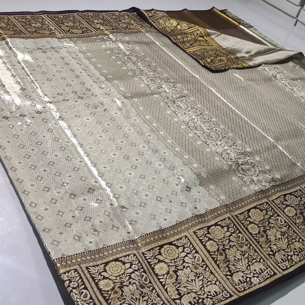 Beige Kanchipuram  Handloom Tissue Brocade Meenakari Silk Saree