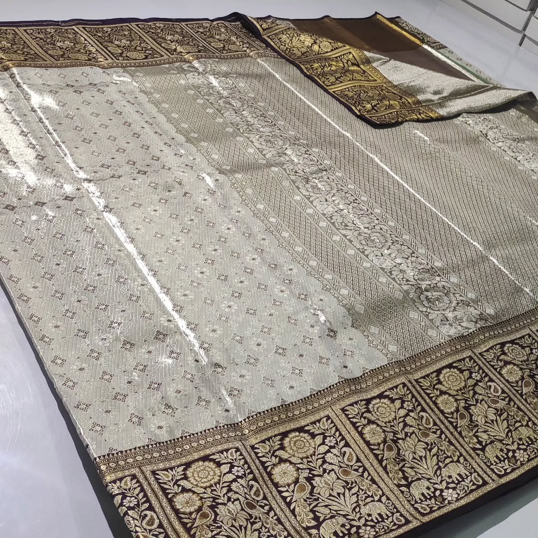 Beige Kanchipuram  Handloom Tissue Brocade Meenakari Silk Saree