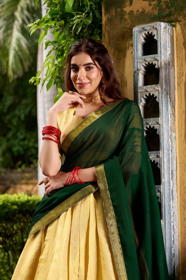 South Indian Style Beige & Green Zari Work Lehenga Choli