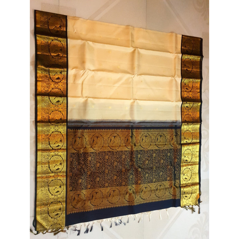 Cream Kanchipuram Handloom 2G Gold Baby Shower Korvai Silk Saree