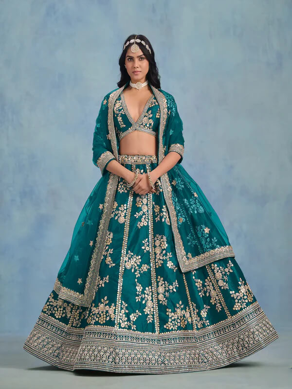 Teal Green Art Silk Lehenga Choli with Sequins & Thread Work