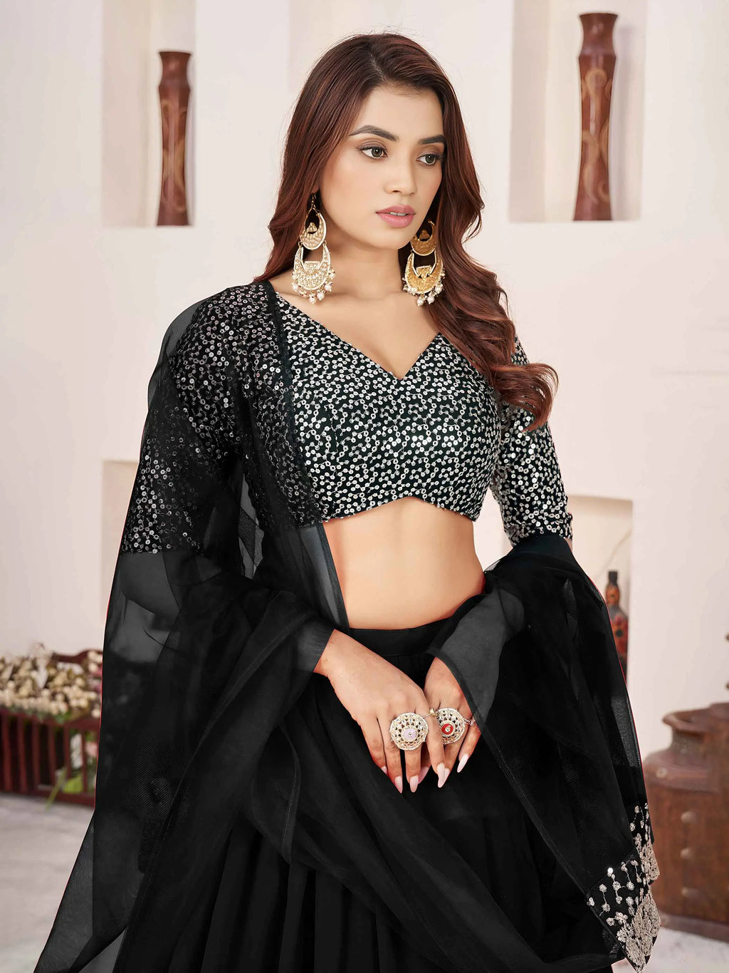 Black Georgette Lehenga With Sequins & Zari