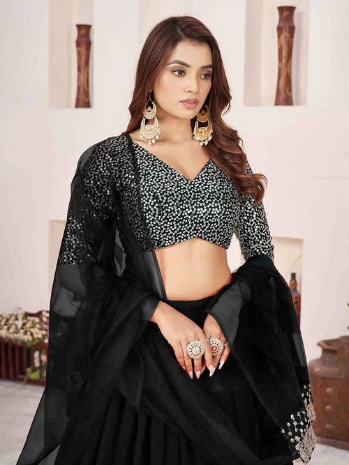 Black Georgette Lehenga With Sequins & Zari