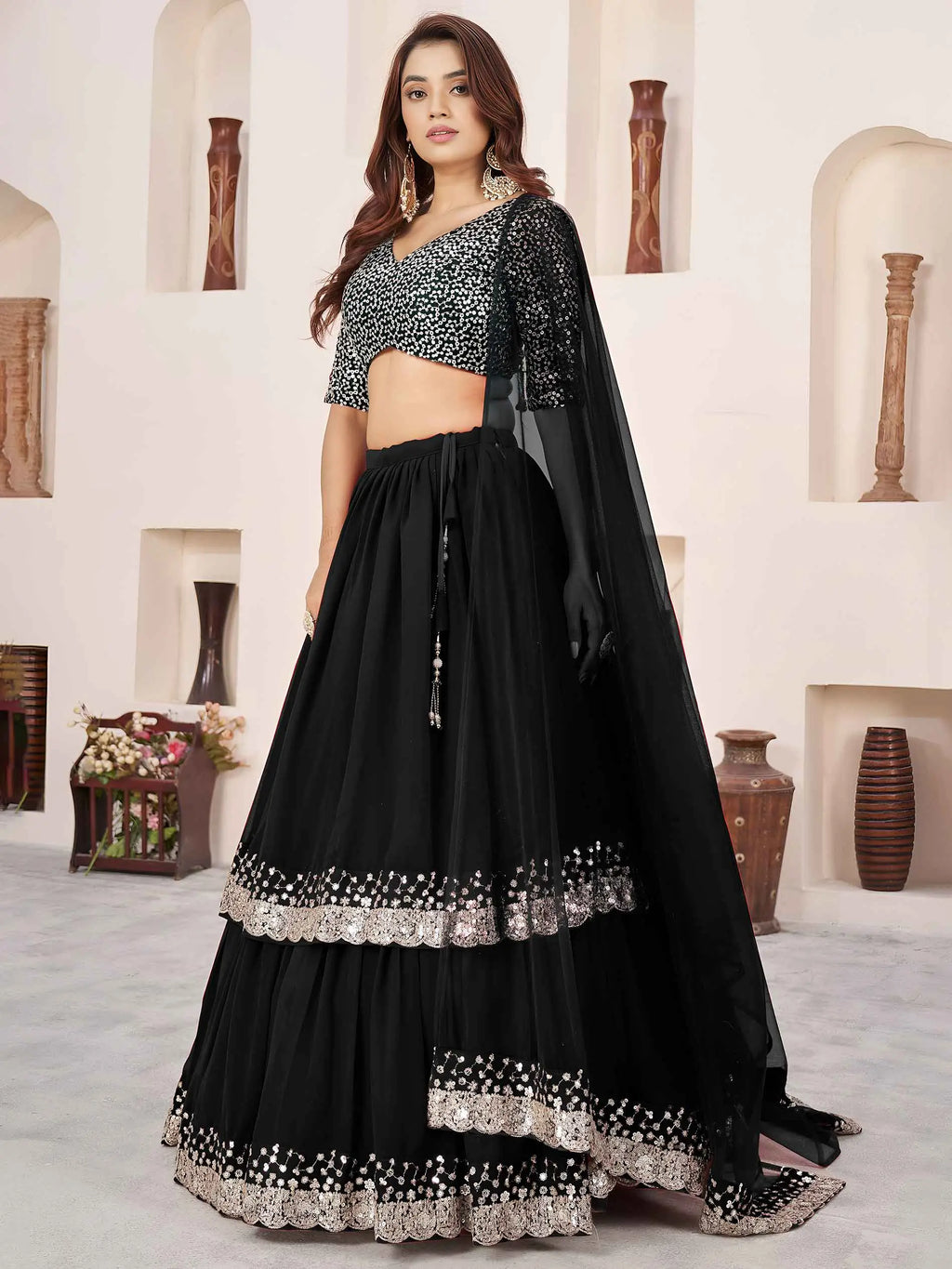Black Georgette Lehenga With Sequins & Zari