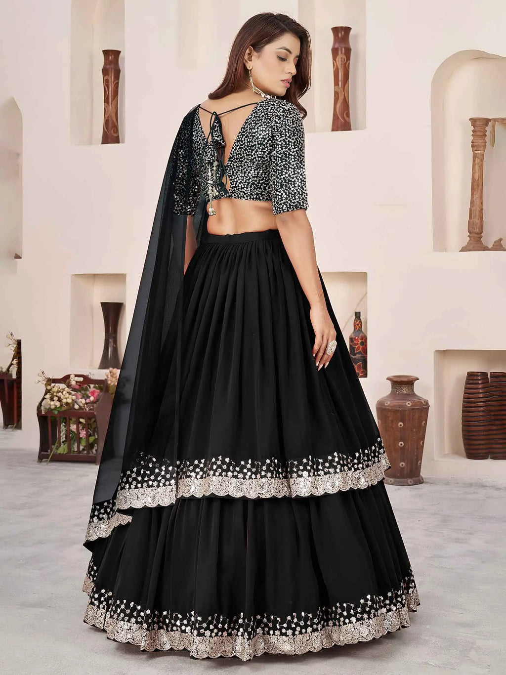 Black Georgette Lehenga With Sequins & Zari