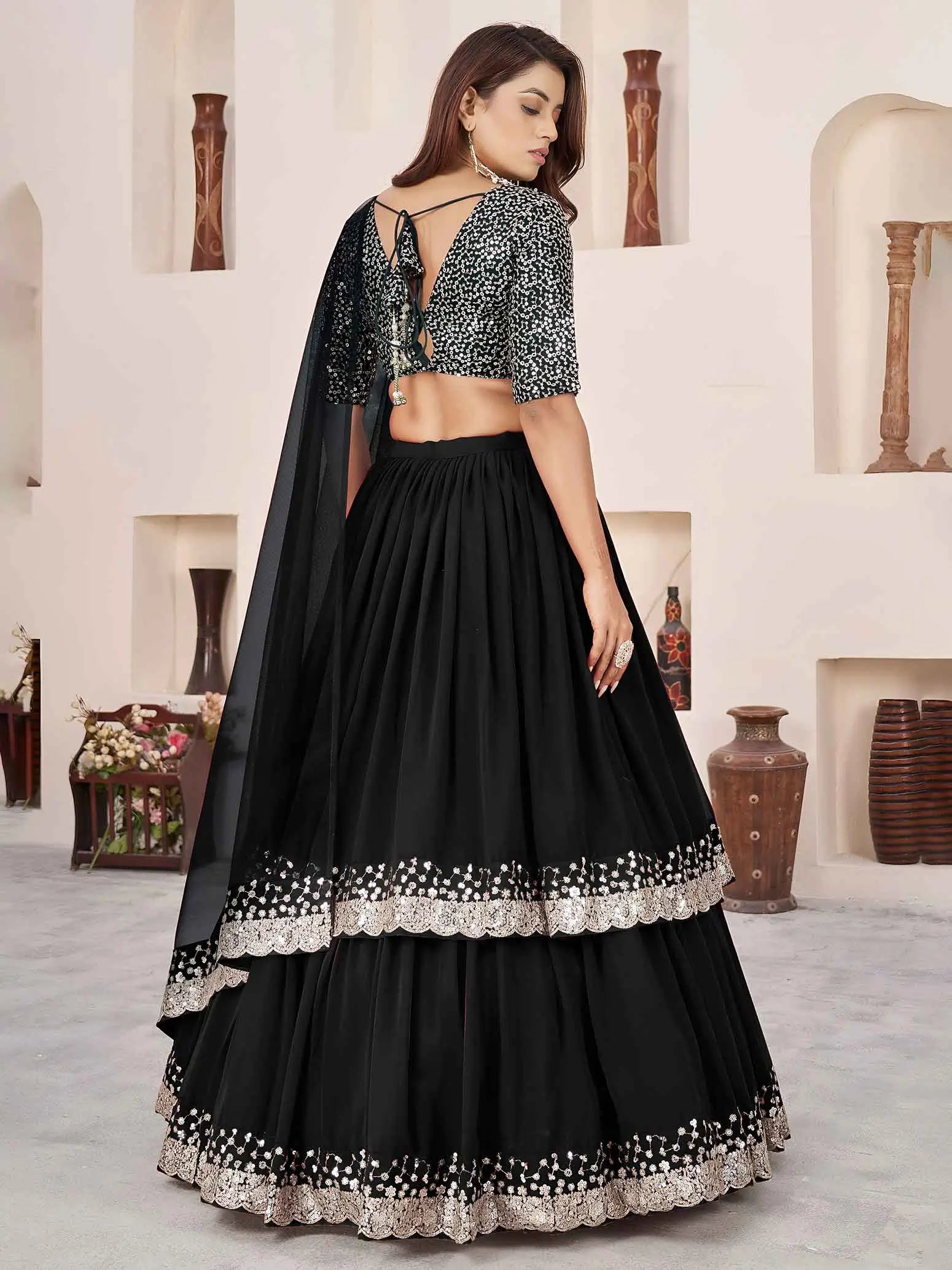 Black Georgette Lehenga With Sequins & Zari