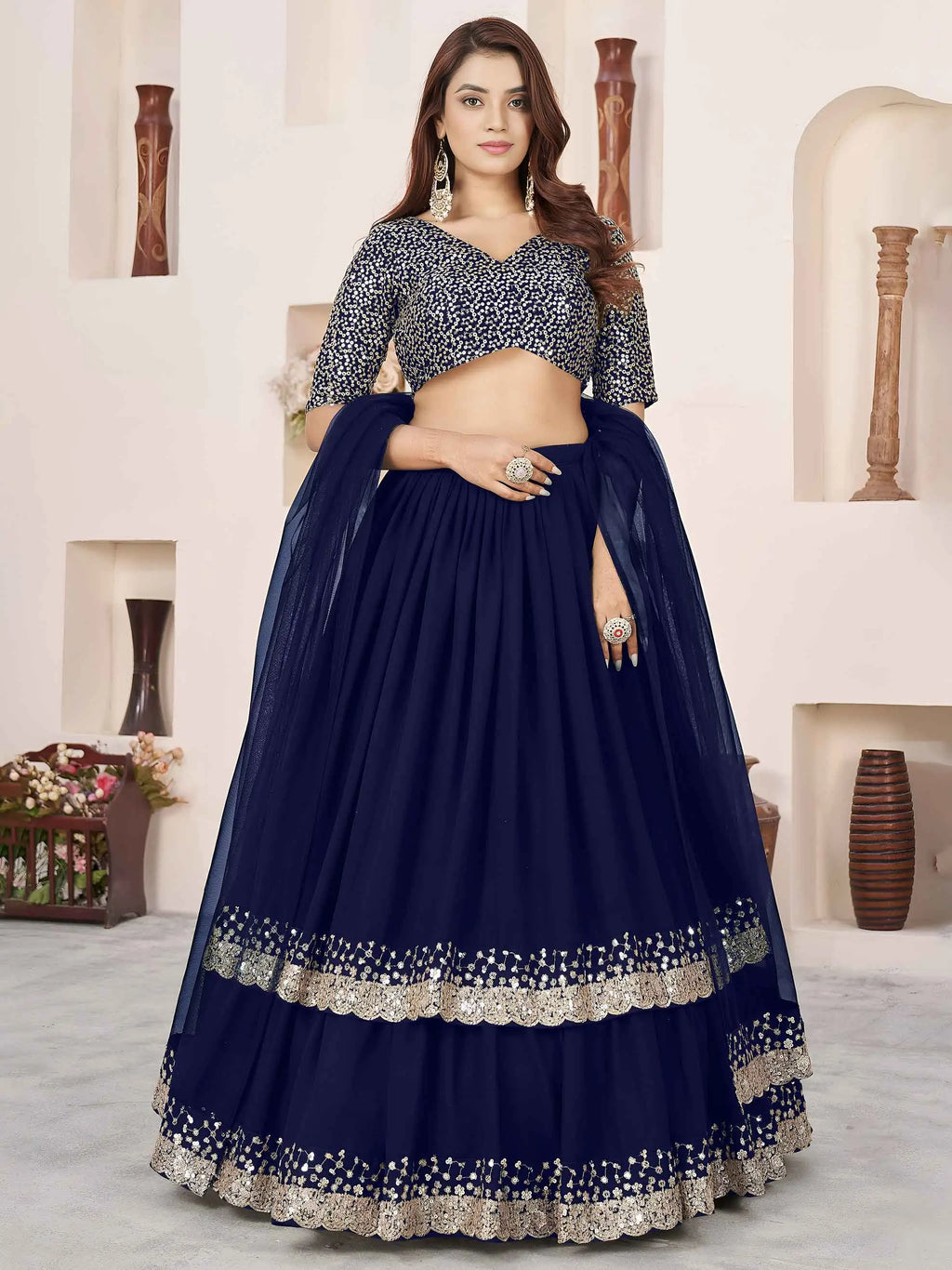 Blue Georgette Lehenga With Sequins Work
