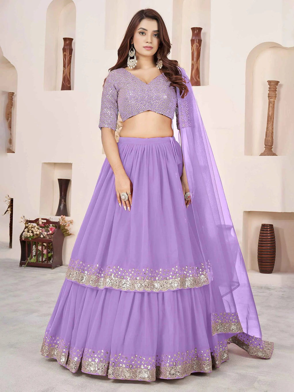 Lavender Georgette Lehenga With Sequins & Zari
