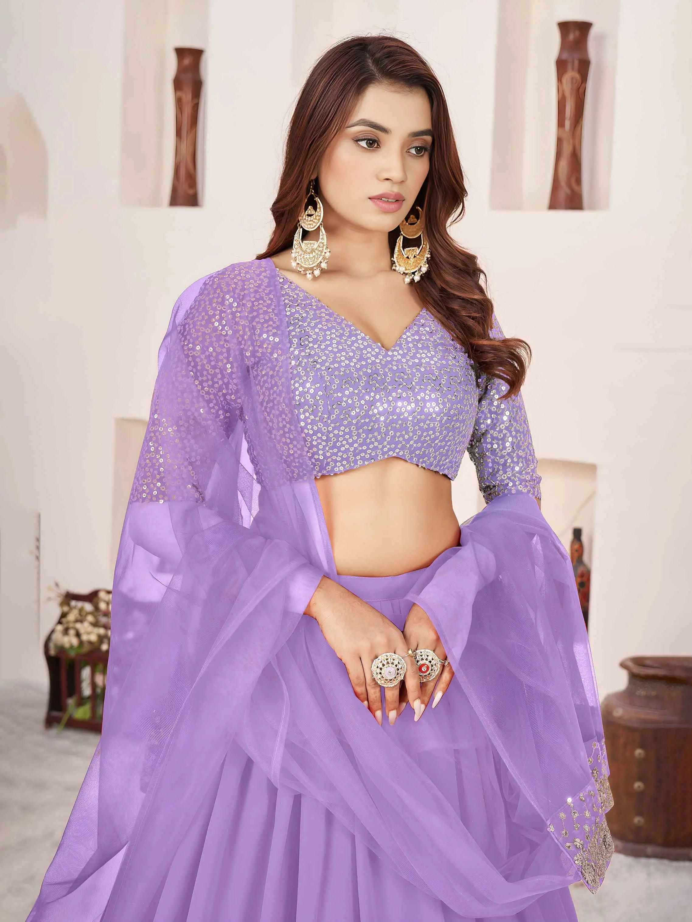 Lavender Georgette Lehenga With Sequins & Zari