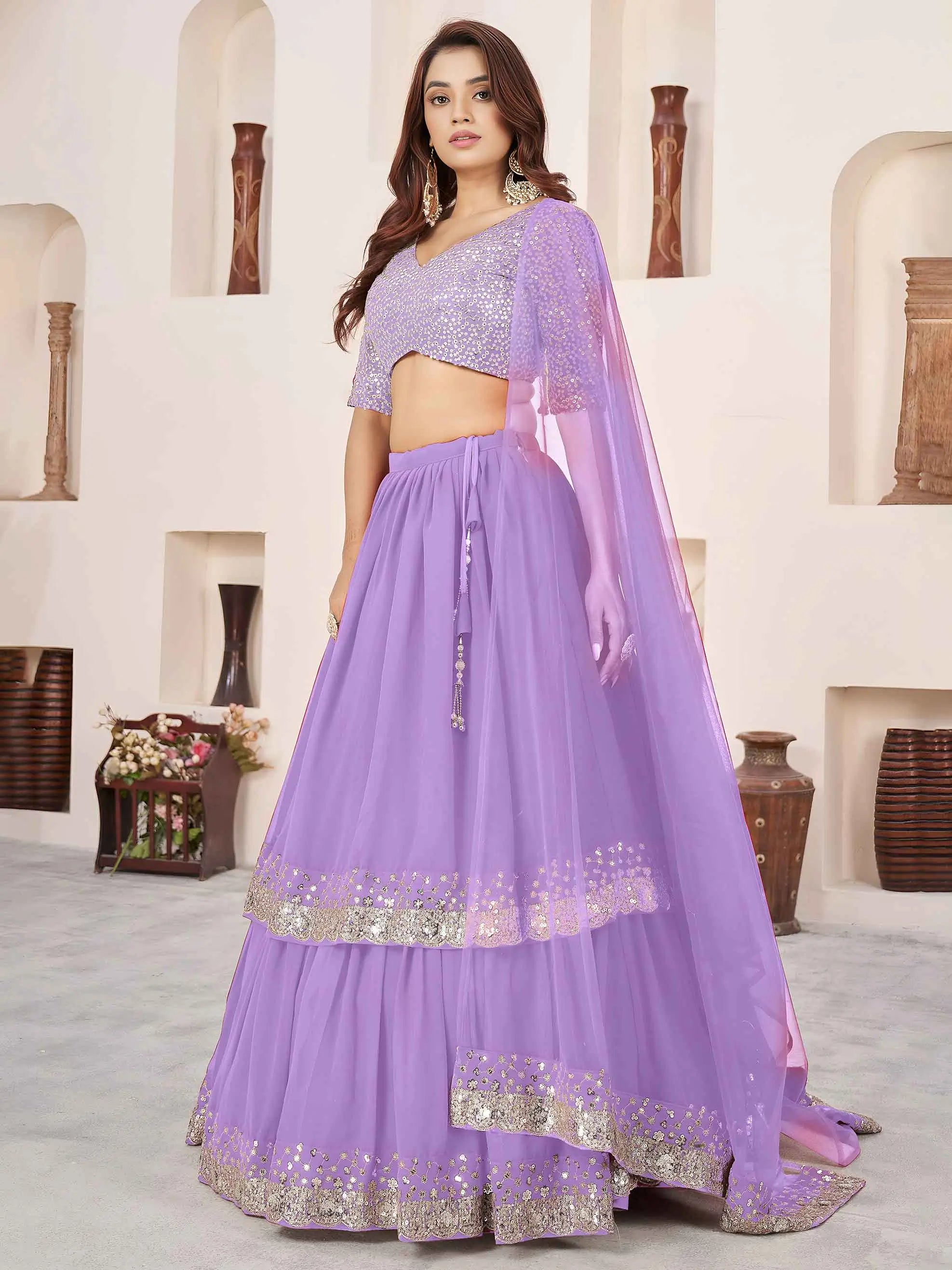 Lavender Georgette Lehenga With Sequins & Zari