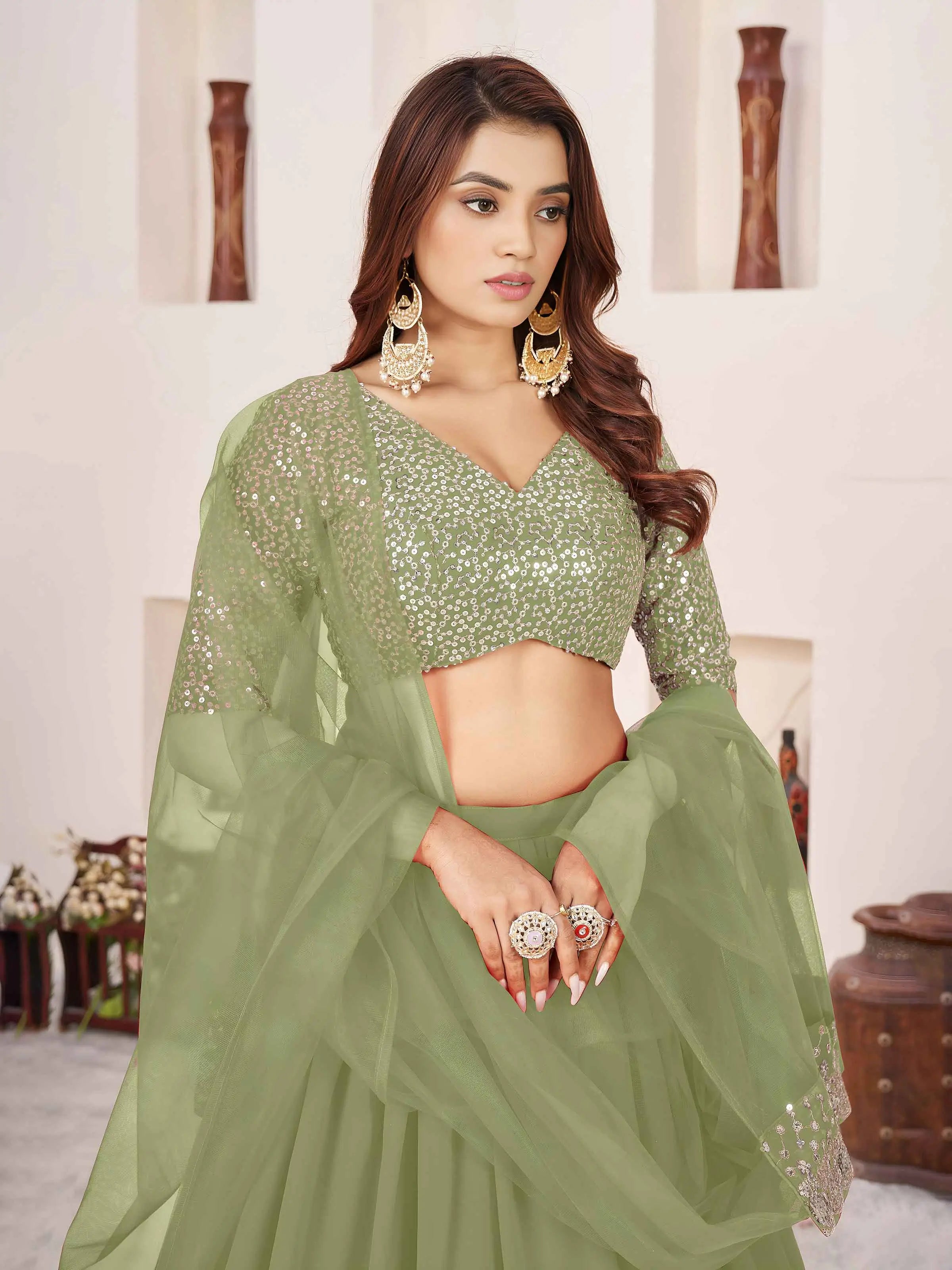 Olive Georgette Lehenga With Sequins & Zari