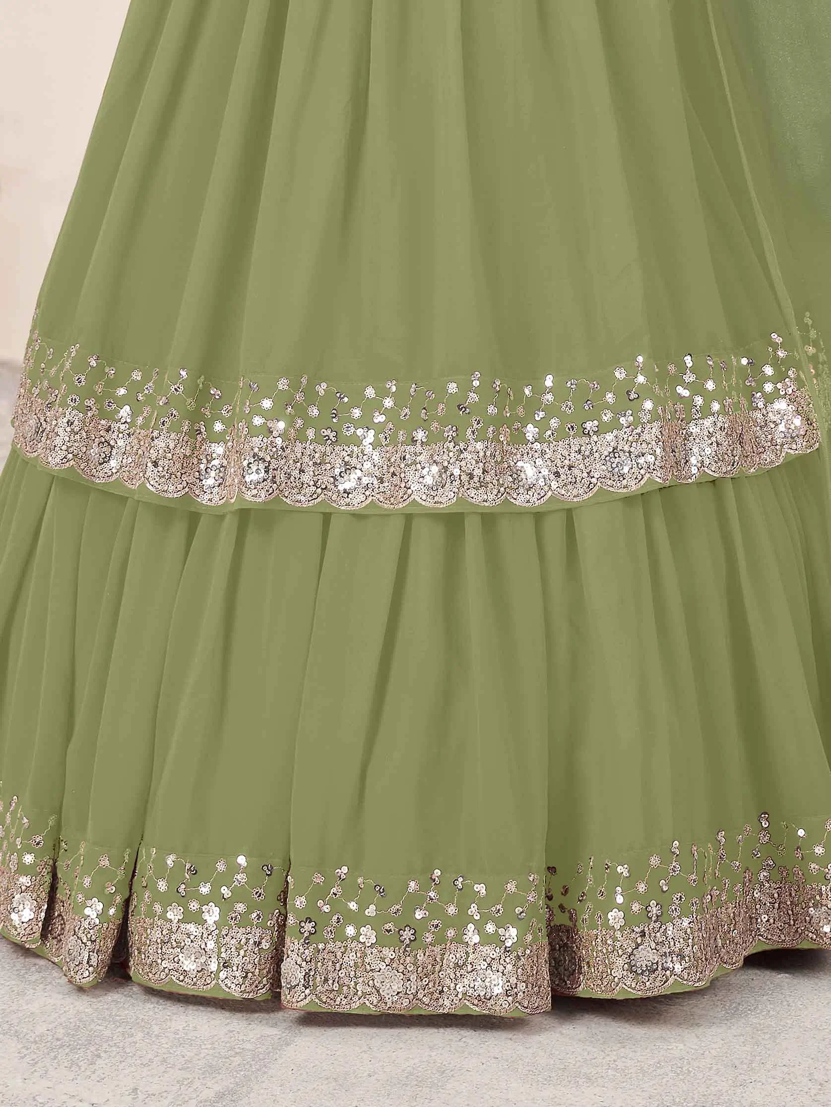 Olive Georgette Lehenga With Sequins & Zari
