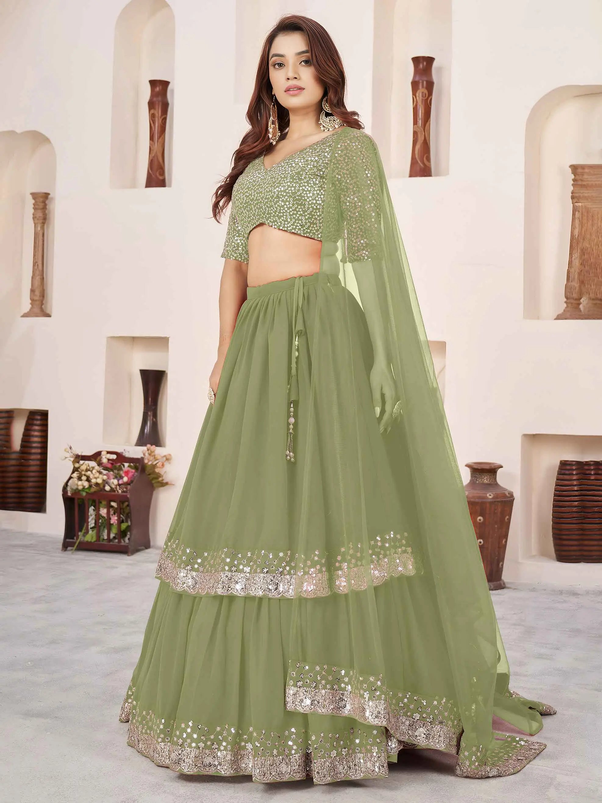 Olive Georgette Lehenga With Sequins & Zari