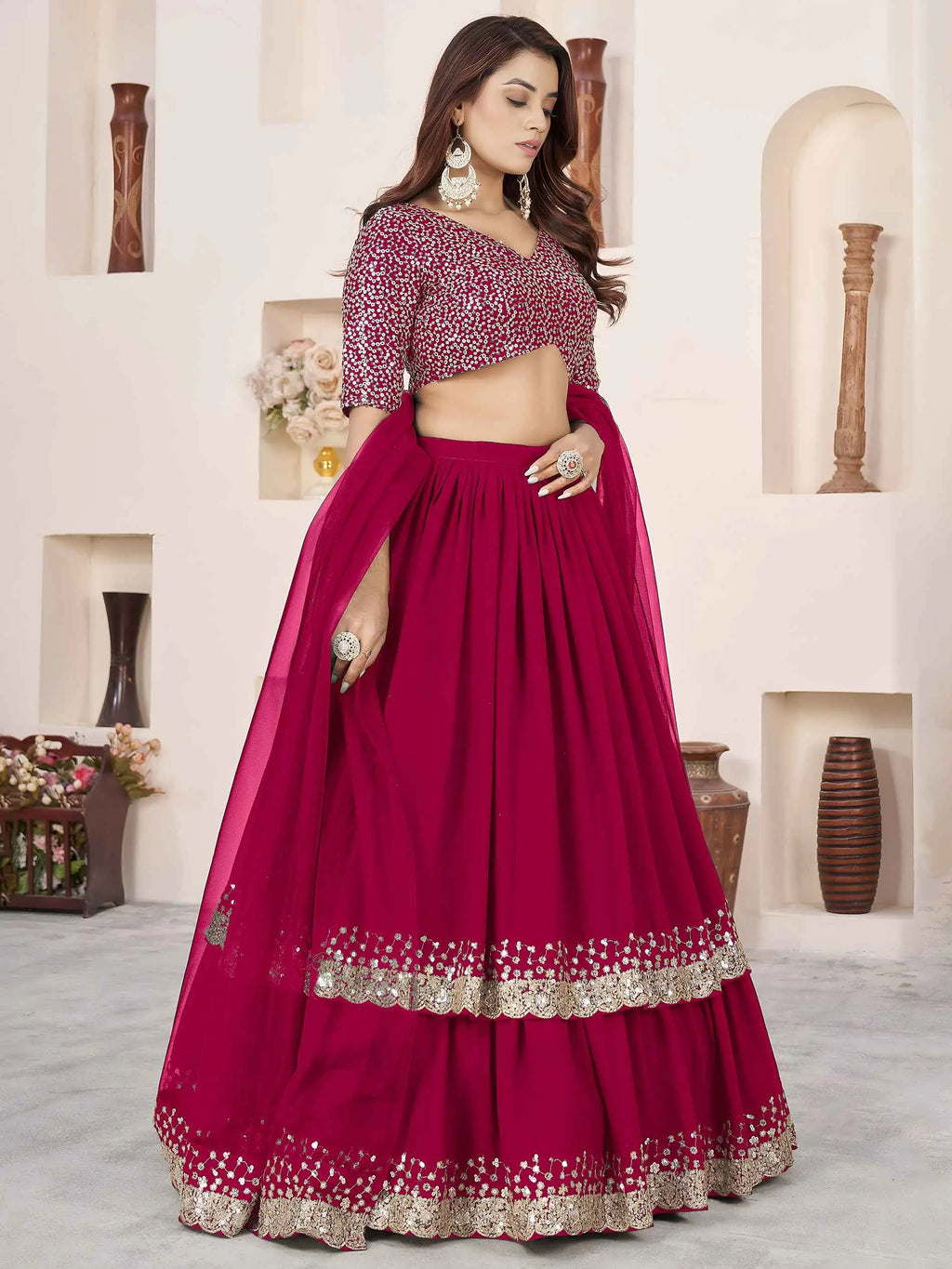 Pink Georgette Lehenga With Sequins Work
