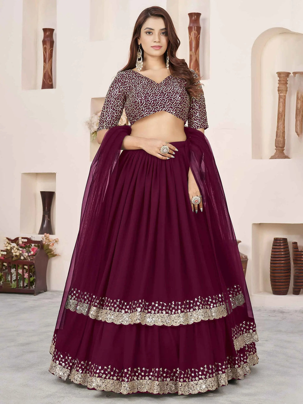 Wine Georgette Lehenga With Sequins & Zari