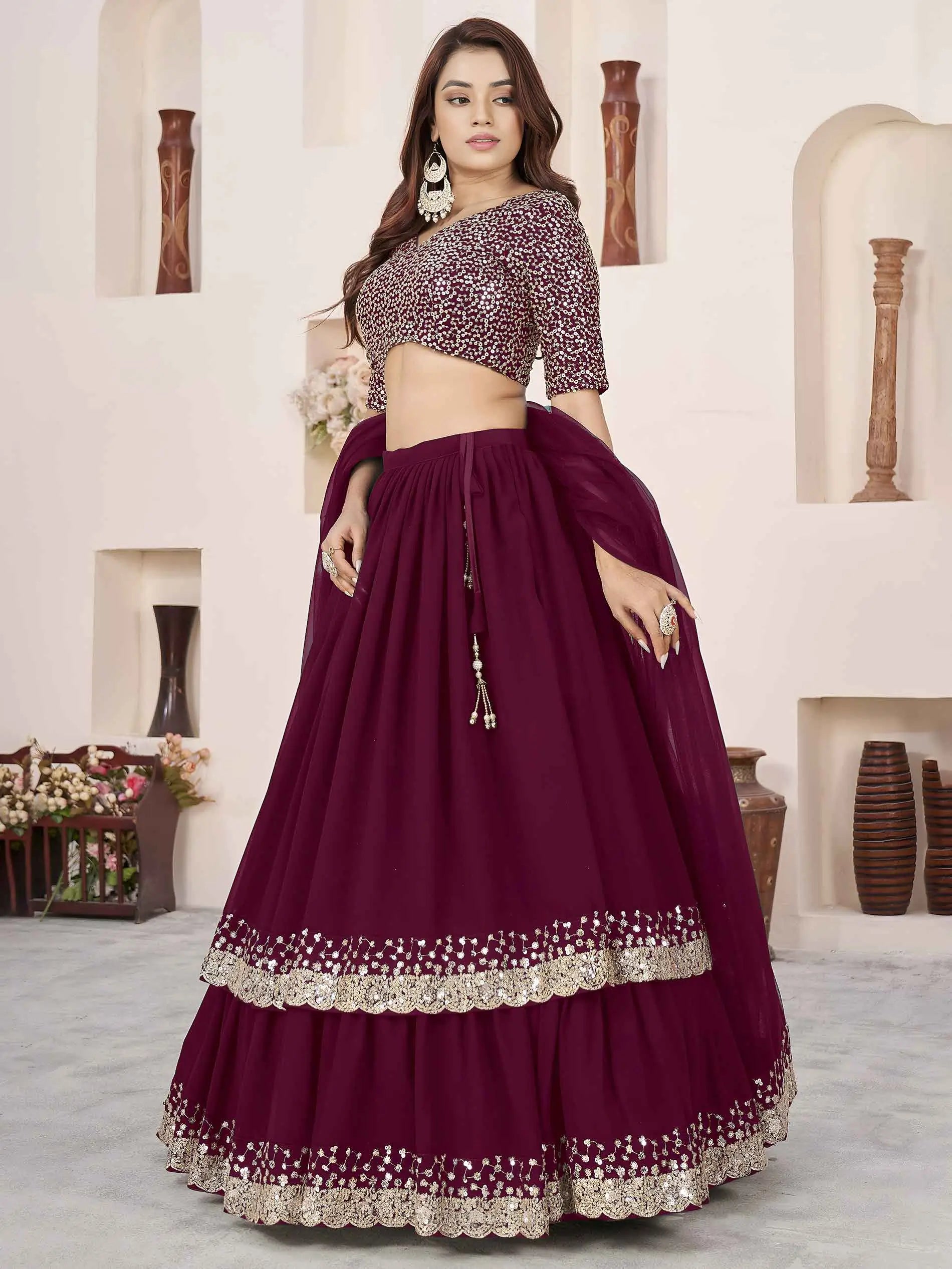 Wine Georgette Lehenga With Sequins & Zari