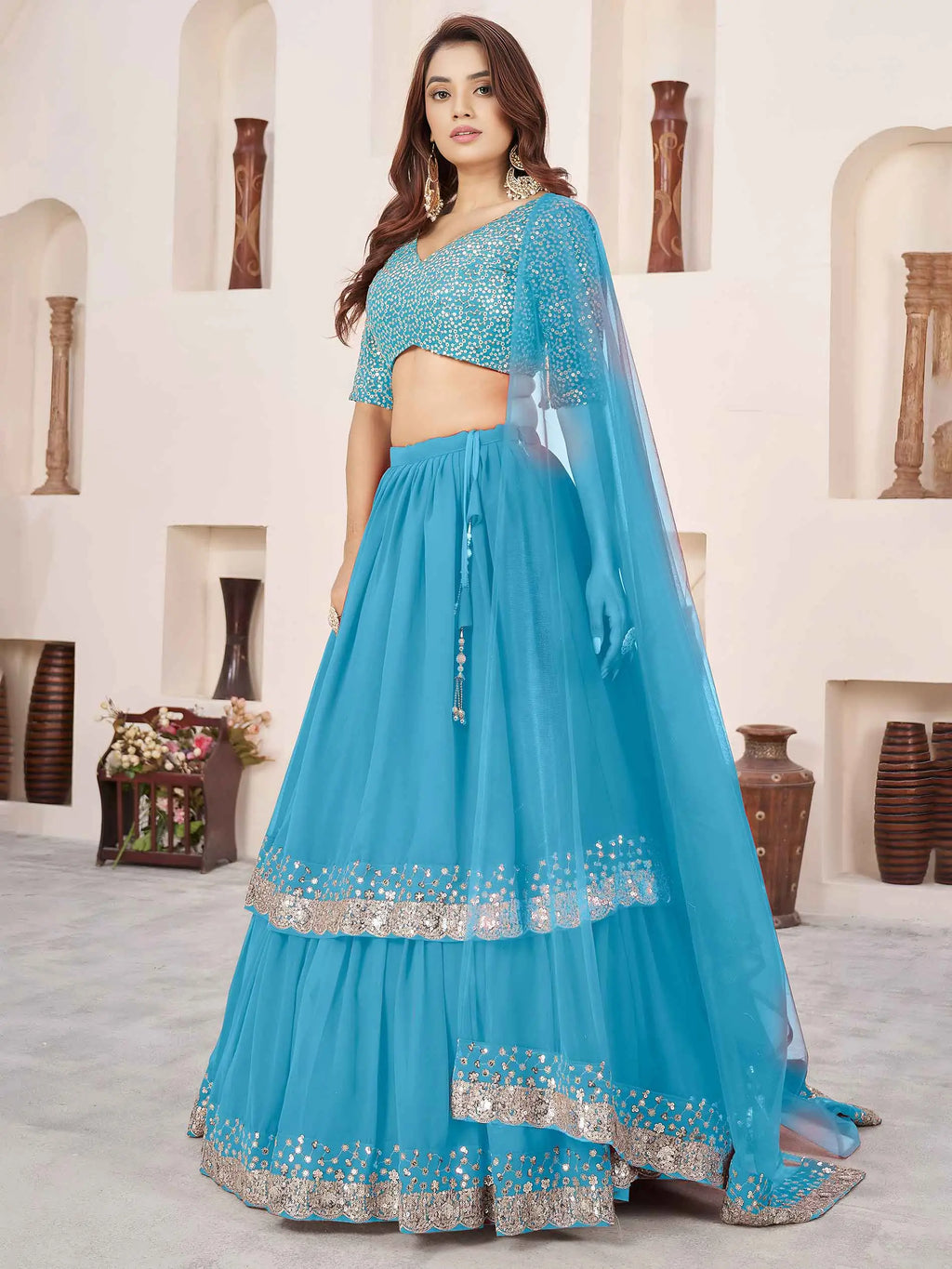 Sky Georgette Lehenga With Sequins & Zari