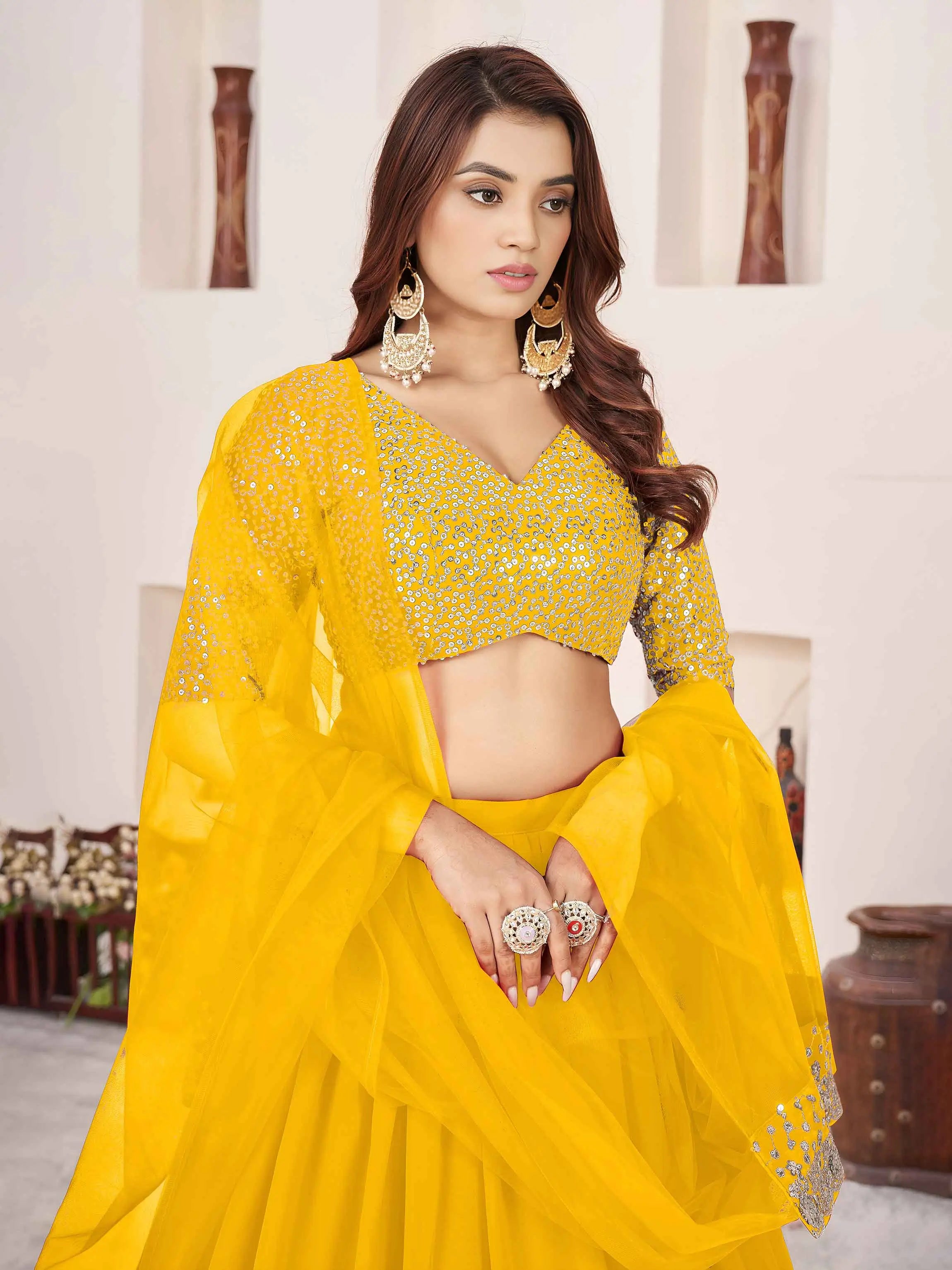 Yellow Georgette Lehenga With Sequins & Zari