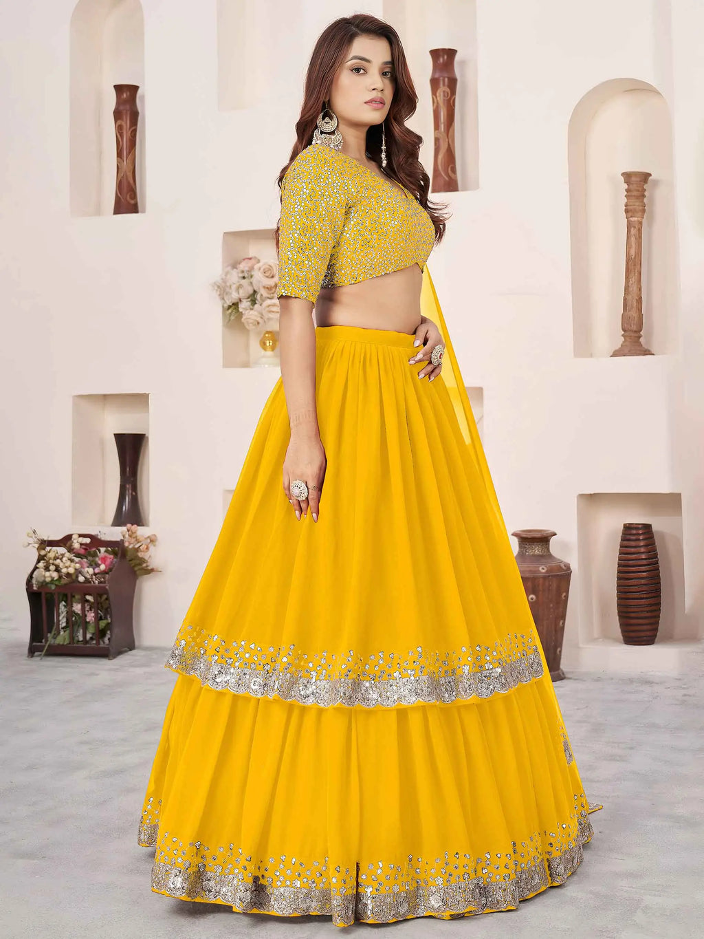 Yellow Georgette Lehenga With Sequins & Zari